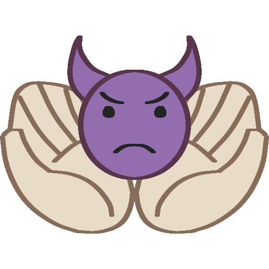 Two pale hands holding a frowning purple devil face with horns.